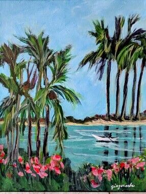 New Coastal Palm Trees Tropical Acrylic Art, Canvas Signed by Original Artist